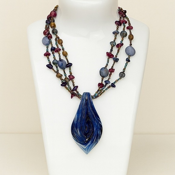 Vintage CG Necklace Stunning Blue Glass Pendant Multi Strand Beads Boho Artsy - Picture 8 of 8